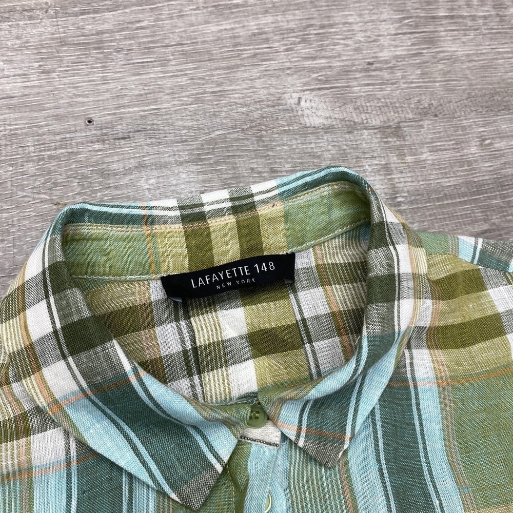 Lafayette 148 Shirt Womens Medium Green Plaid Linen 3/4 Sleeve New York Tunic - Picture 2 of 9